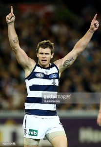 MELBOURNE, AUSTRALIA - MAY 21:  Cameron Mooney of the Cats celebrates kicking a goal during the round nine AFL match between the Collingwood Magpies and the Geelong Cats at Melbourne Cricket Ground on May 21, 2010 in Melbourne, Australia.  (Photo by Quinn Rooney/Getty Images)